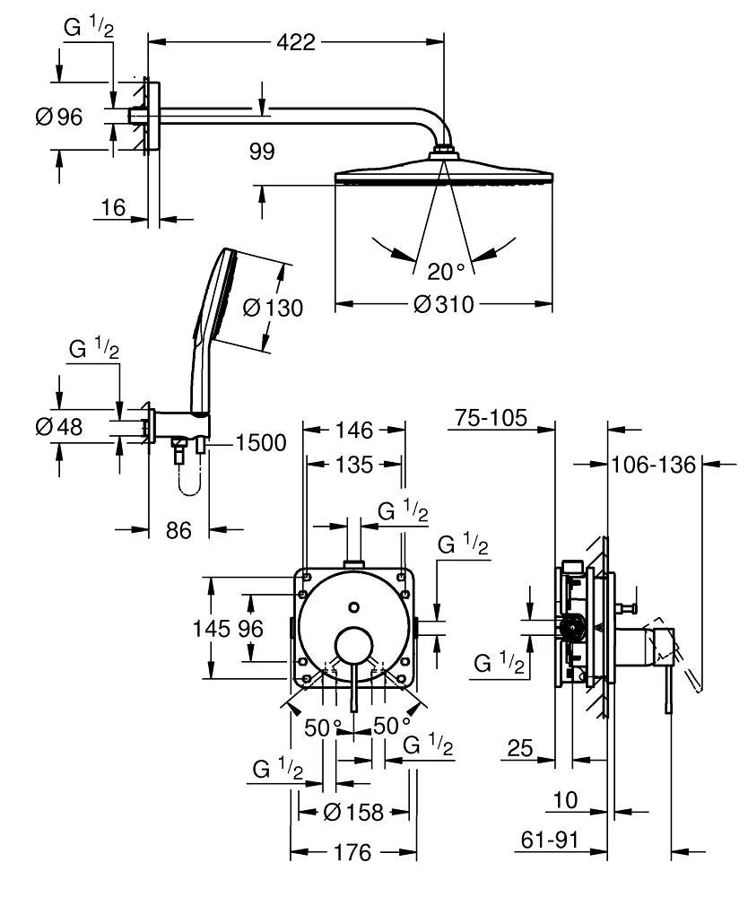 GROHE CONCEALED SHOWER MIXER SET WITH RAINSHOWER MONO 310 SUPERSTEEL