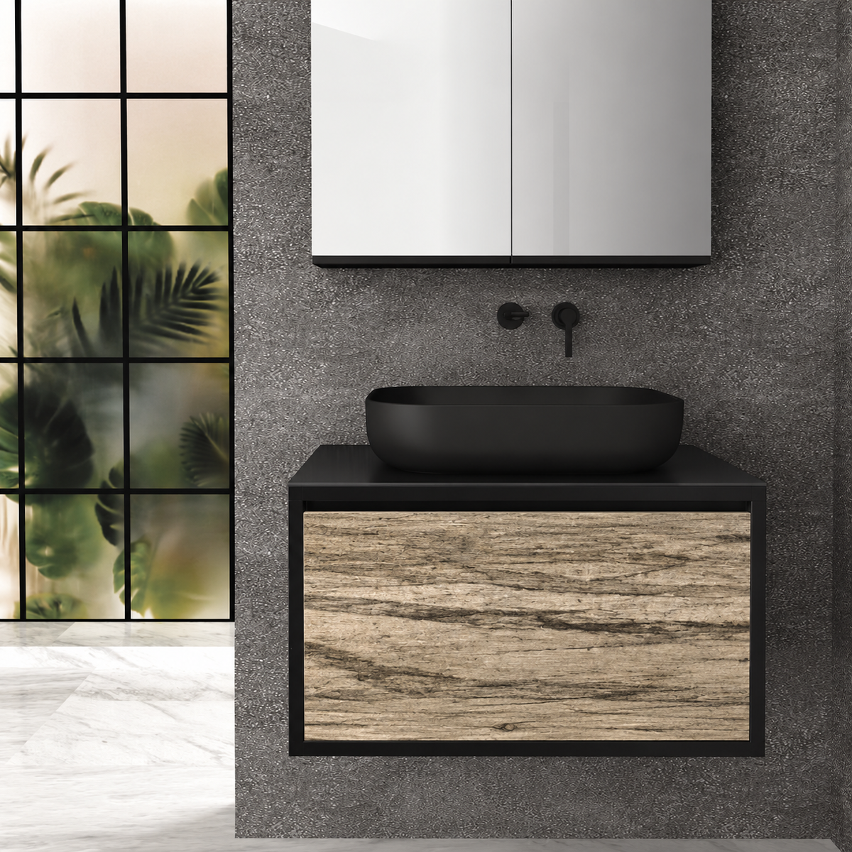 Orabella single deep drawer 6040 cabinet, 390 drawer, black countertop; pictured80cm