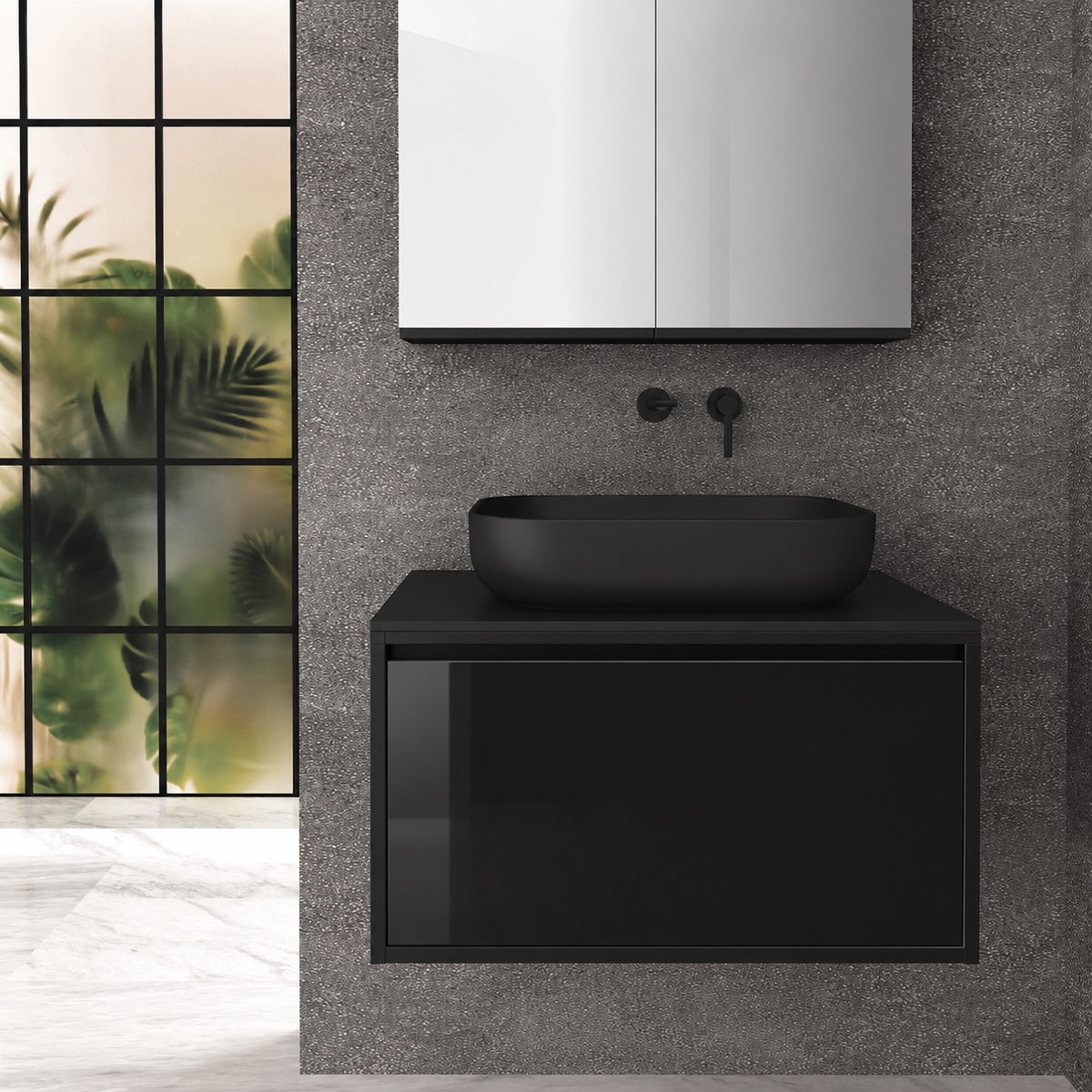 Orabella single deep drawer 6040 cabinet, 6040 drawer, black countertop; pictured80cm