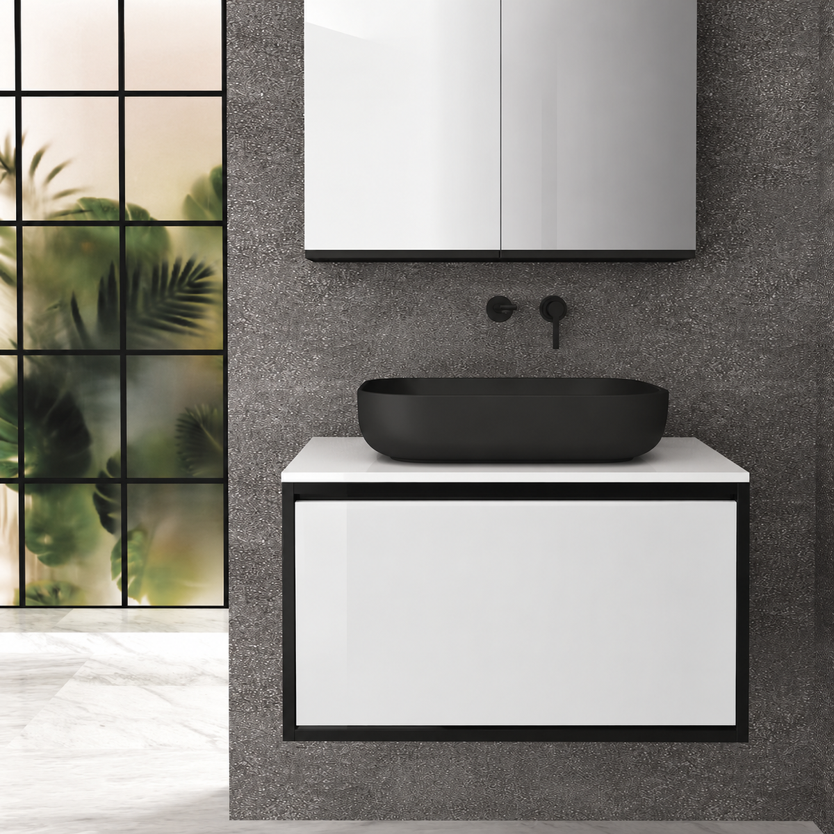 Orabella single deep drawer 6040 cabinet, 6080 drawer, white countertop; pictured80cm
