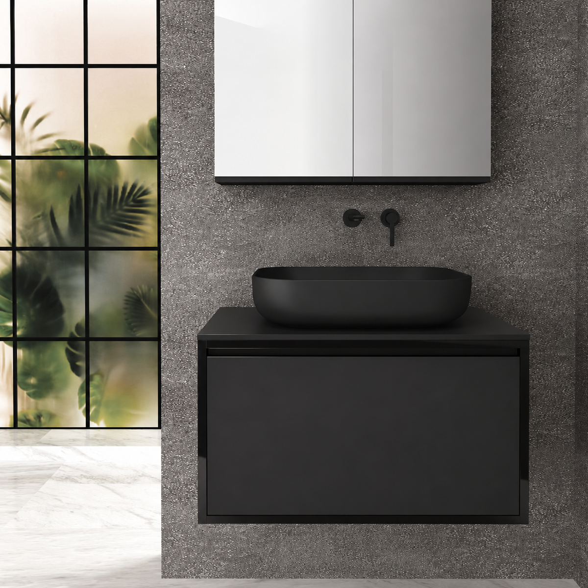 Orabella single deep drawer 6040 cabinet, 6090 drawer, black countertop; pictured80cm