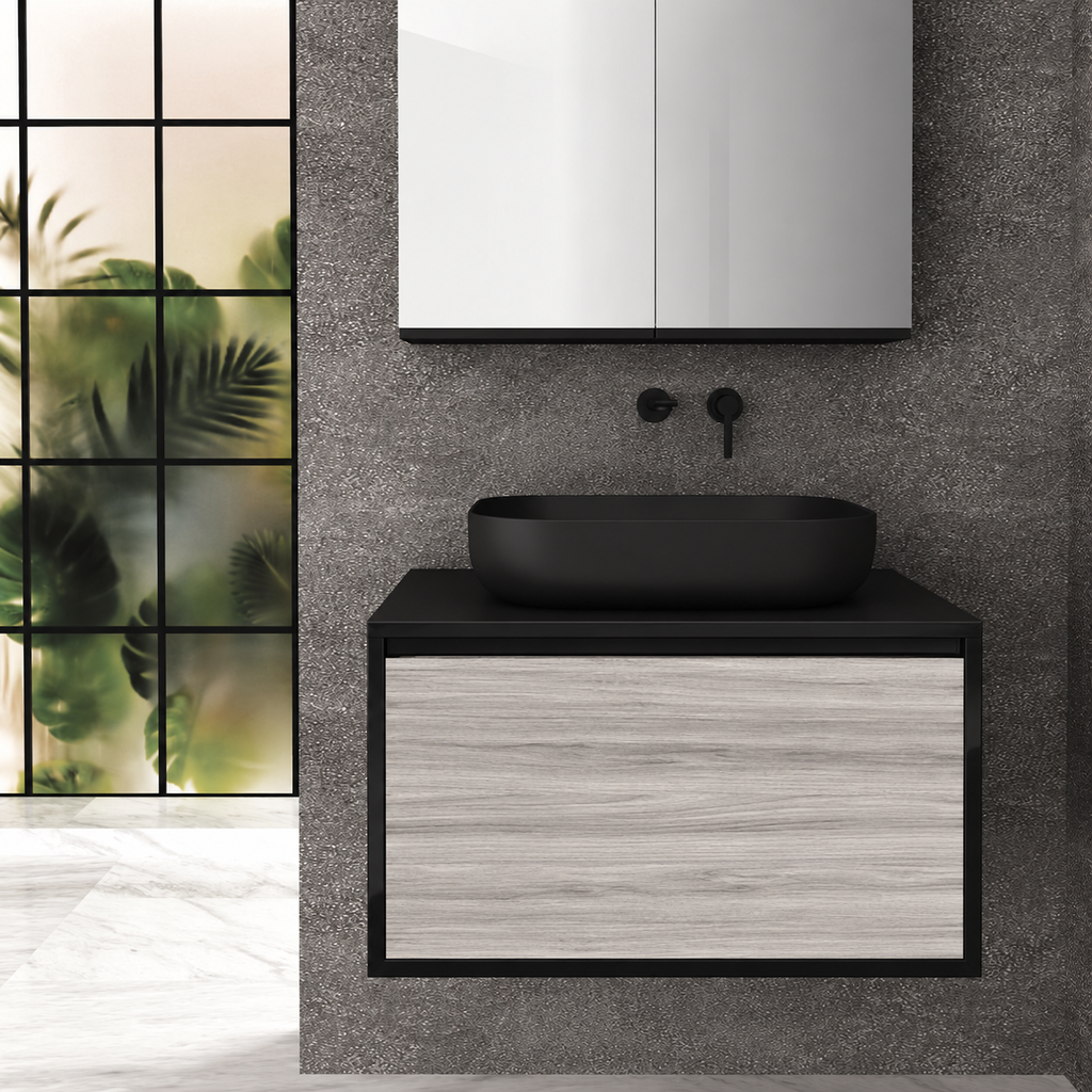 Orabella single deep drawer 6040 cabinet, 719 drawer, black countertop; pictured80cm