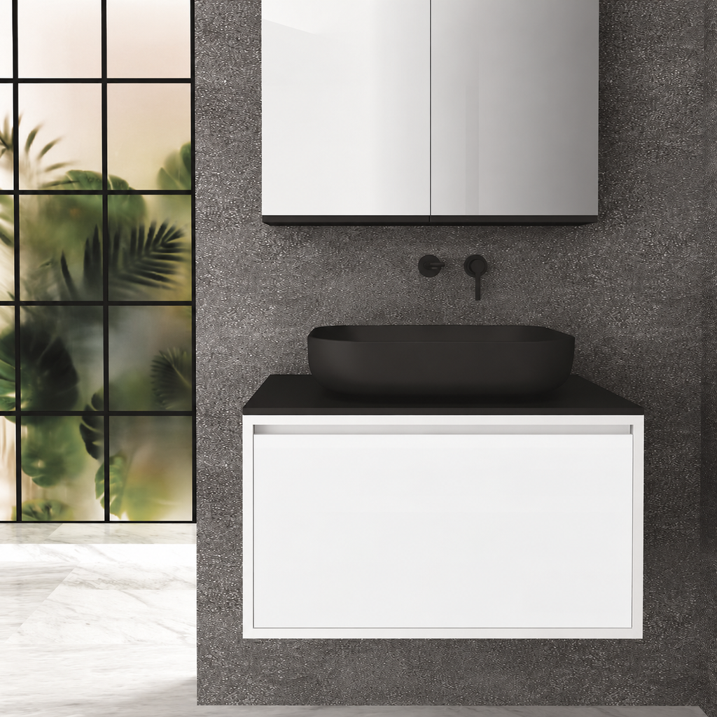 Orabella Drawer 80 Deep vanity — cabinet 6080, drawer 101, black countertop