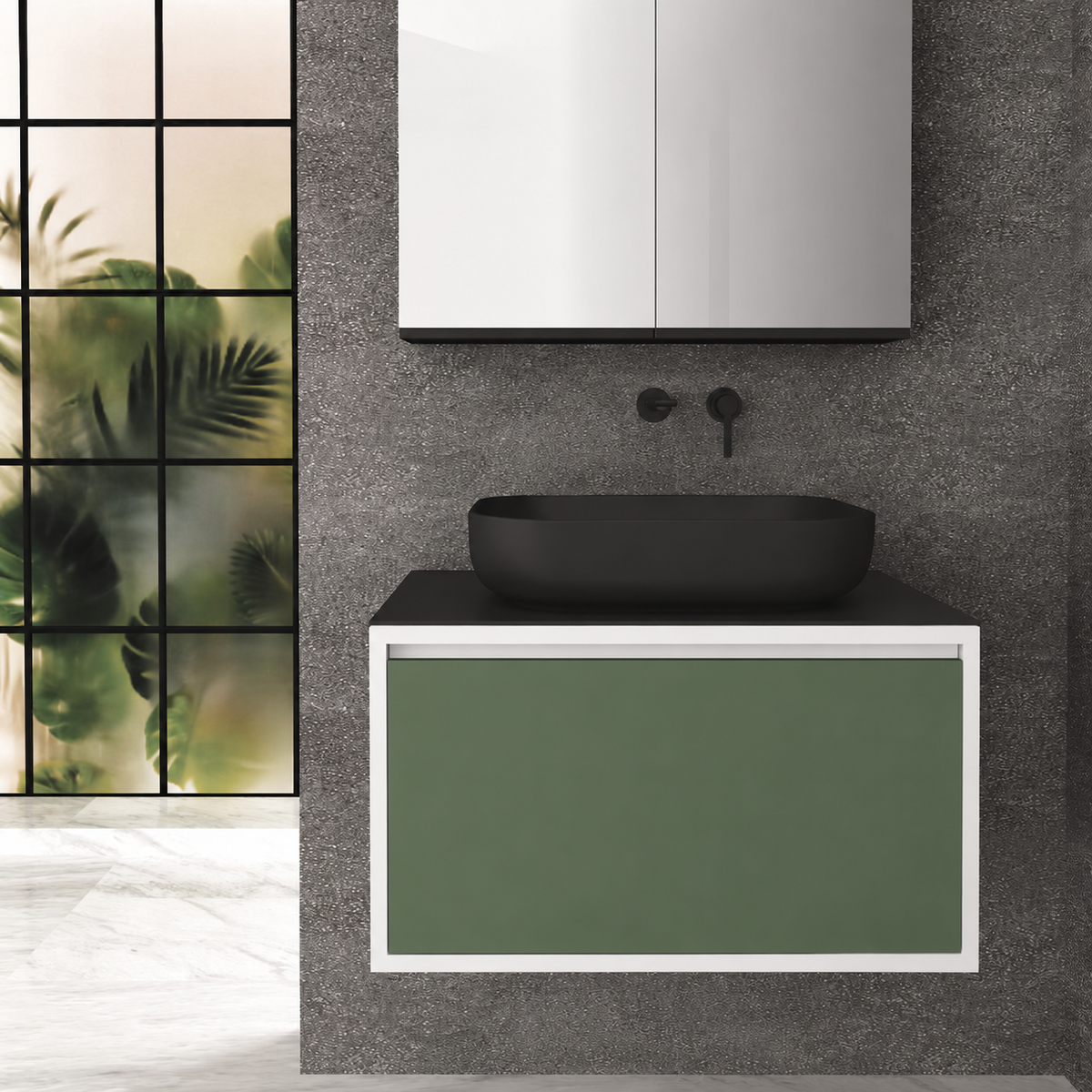Orabella Drawer 80 Deep vanity — cabinet 6080, drawer 162, black countertop