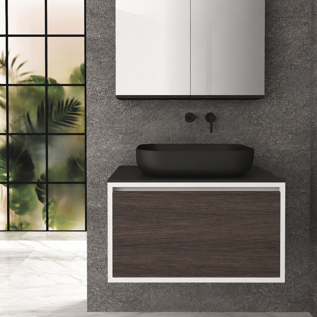 Orabella Drawer 80 Deep vanity — cabinet 6080, drawer 399, black countertop