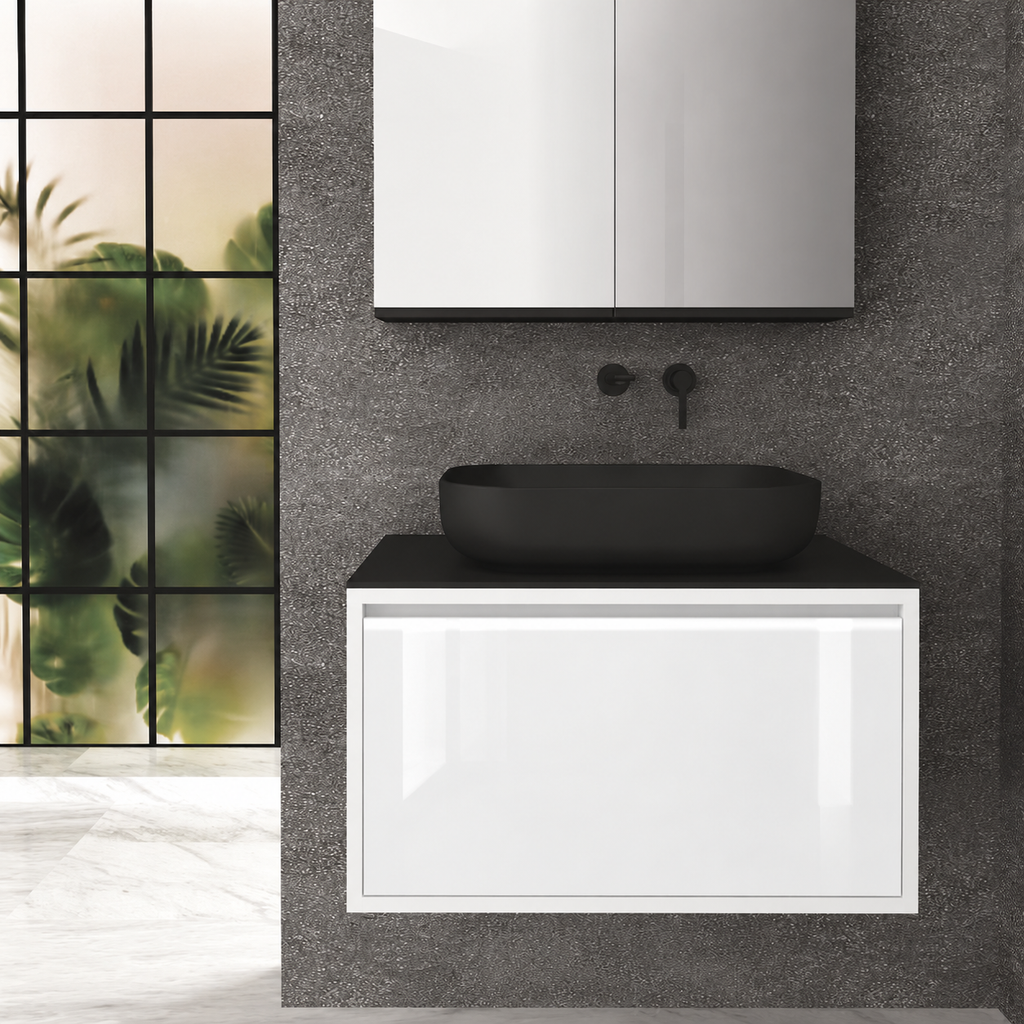 Orabella Drawer 80 Deep vanity — cabinet 6080, drawer 6010, black countertop