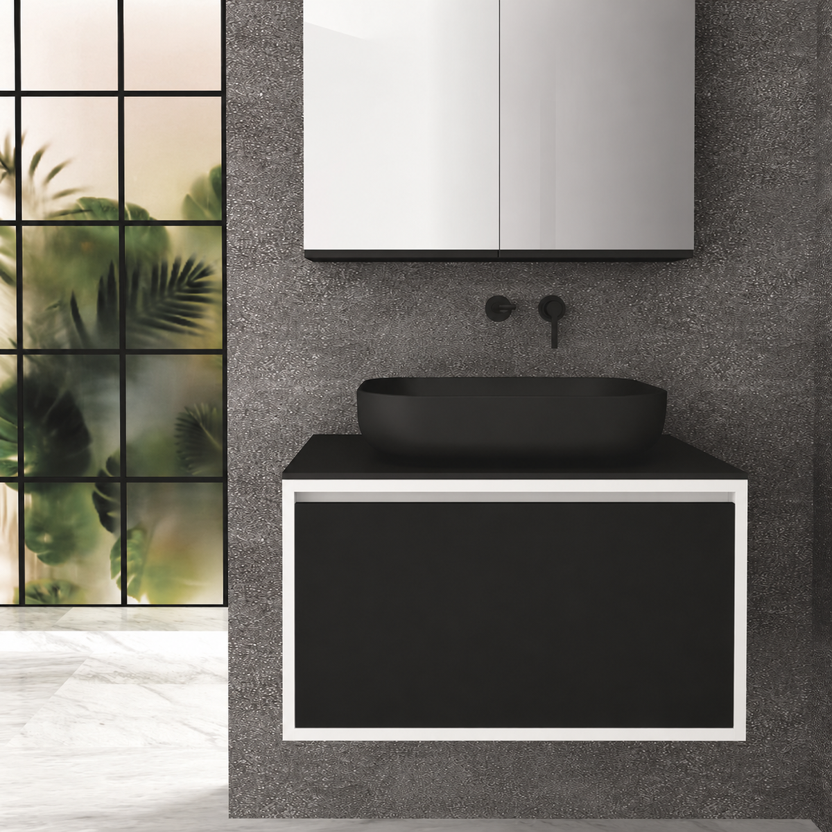 Orabella Drawer 80 Deep vanity — cabinet 6080, drawer 6090, black countertop