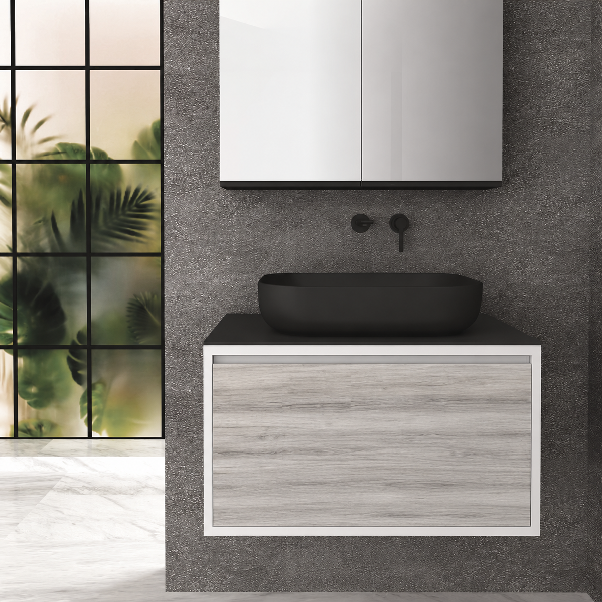 Orabella Drawer 80 Deep vanity — cabinet 6080, drawer 719, black countertop