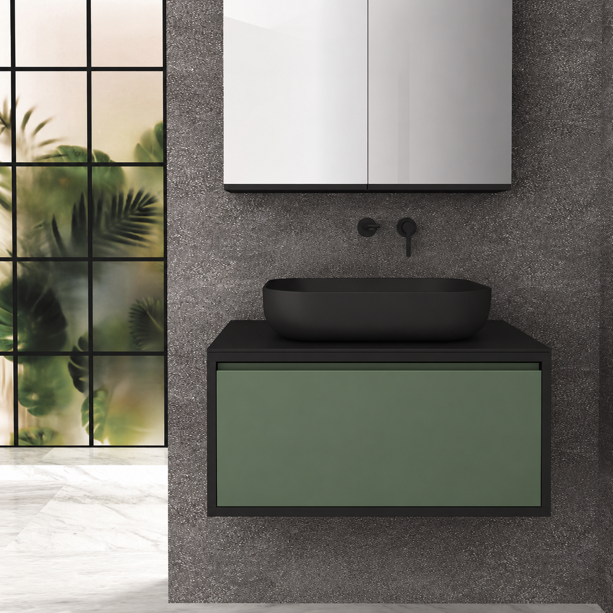 Orabella Drawer 80 Deep vanity — cabinet 6090, drawer 162, black countertop