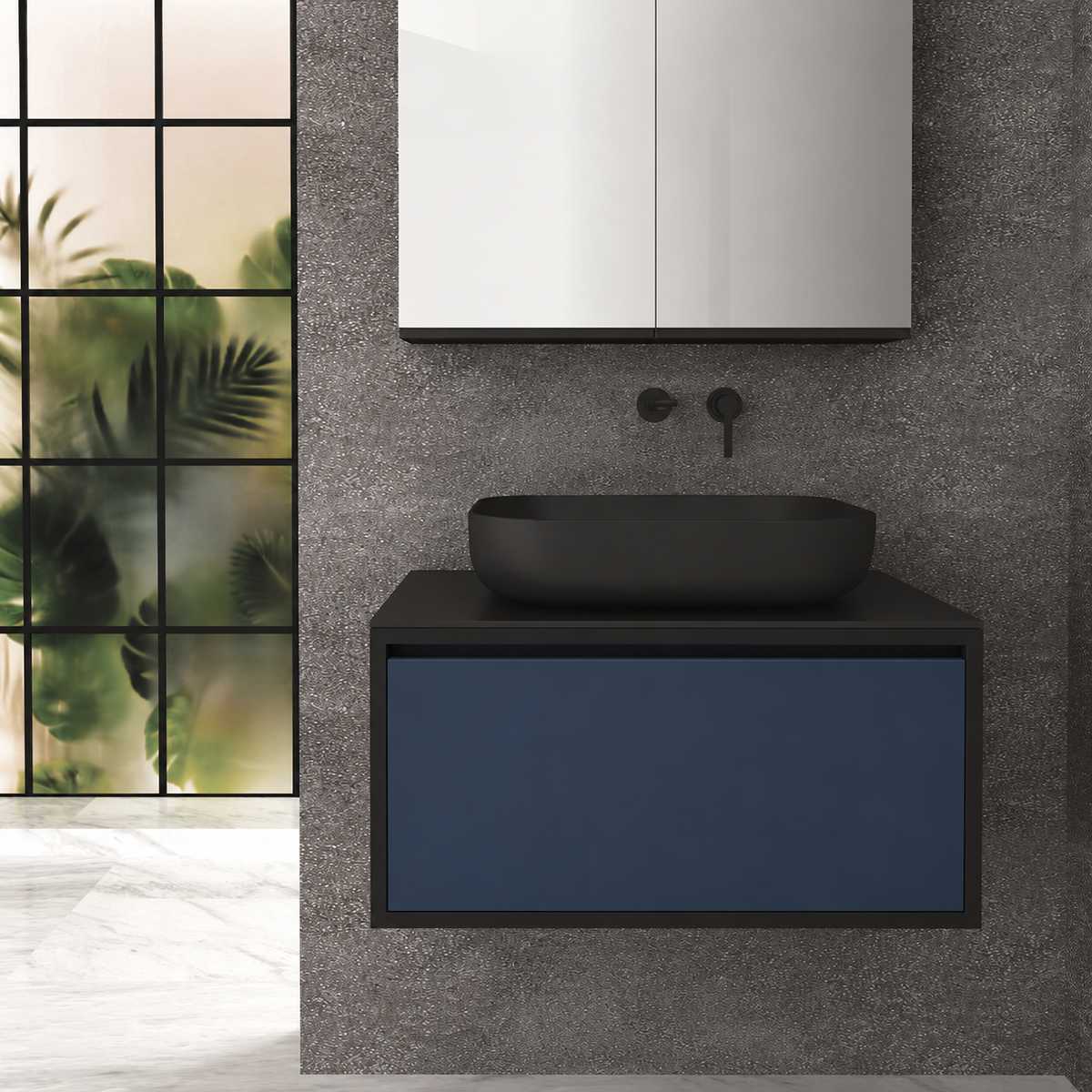 Orabella Drawer 80 Deep vanity — cabinet 6090, drawer 167, black countertop