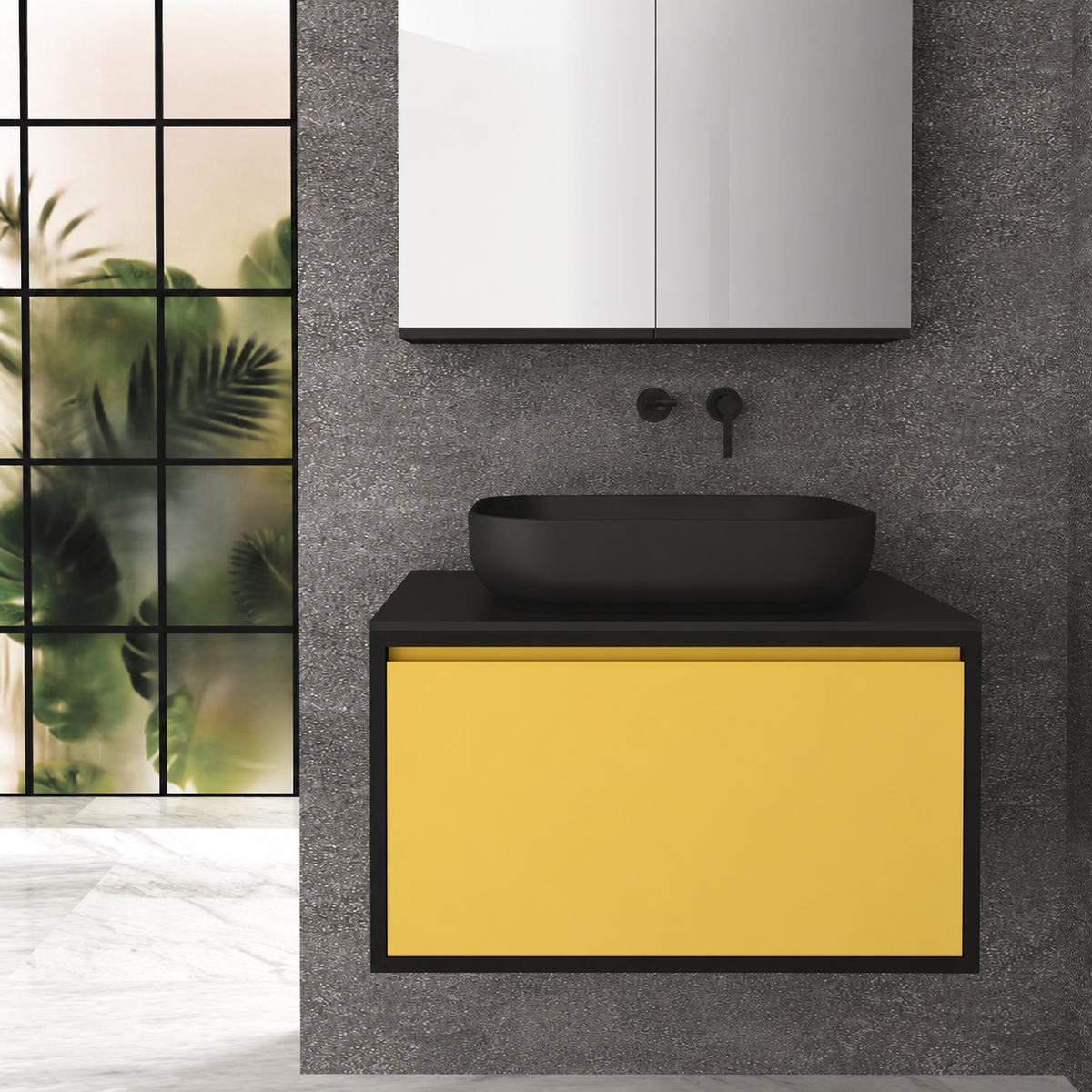Orabella Drawer 80 Deep vanity — cabinet 6090, drawer 168, black countertop