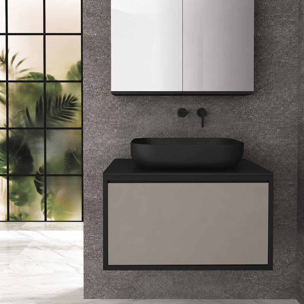 Orabella Drawer 80 Deep vanity — cabinet 6090, drawer 194, black countertop