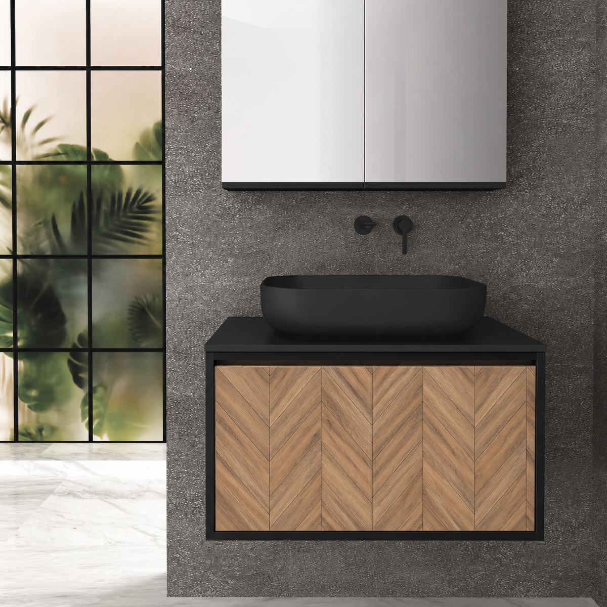 Orabella Drawer 80 Deep vanity — cabinet 6090, drawer 270, black countertop