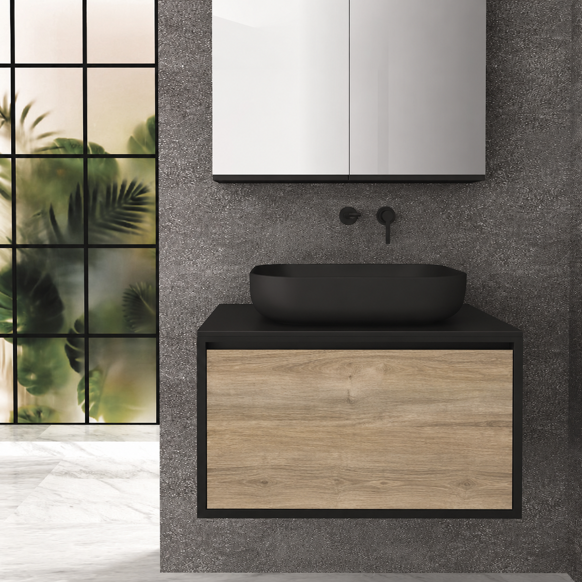 Orabella Drawer 80 Deep vanity — cabinet 6090, drawer 331, black countertop