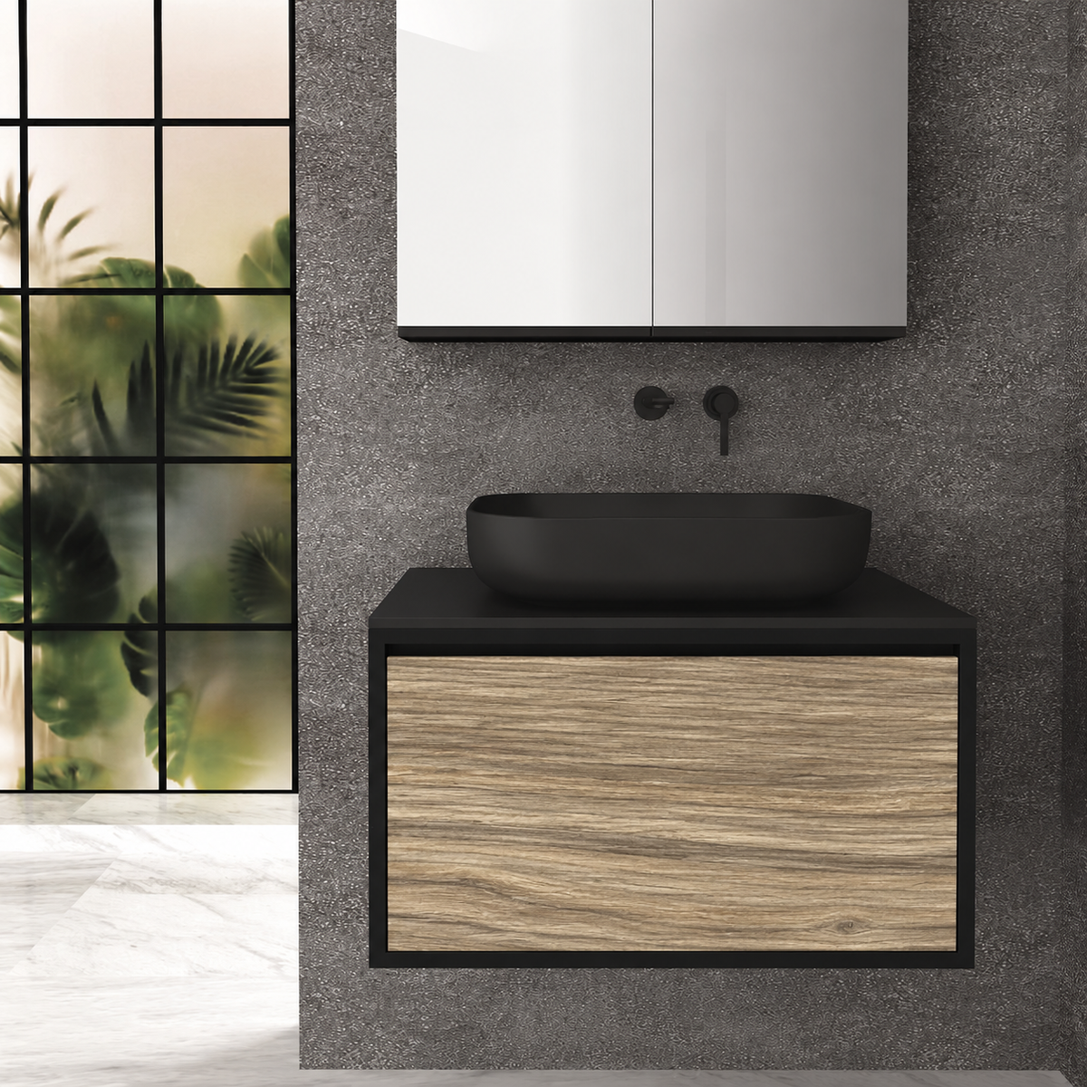 Orabella Drawer 80 Deep vanity — cabinet 6090, drawer 390, black countertop