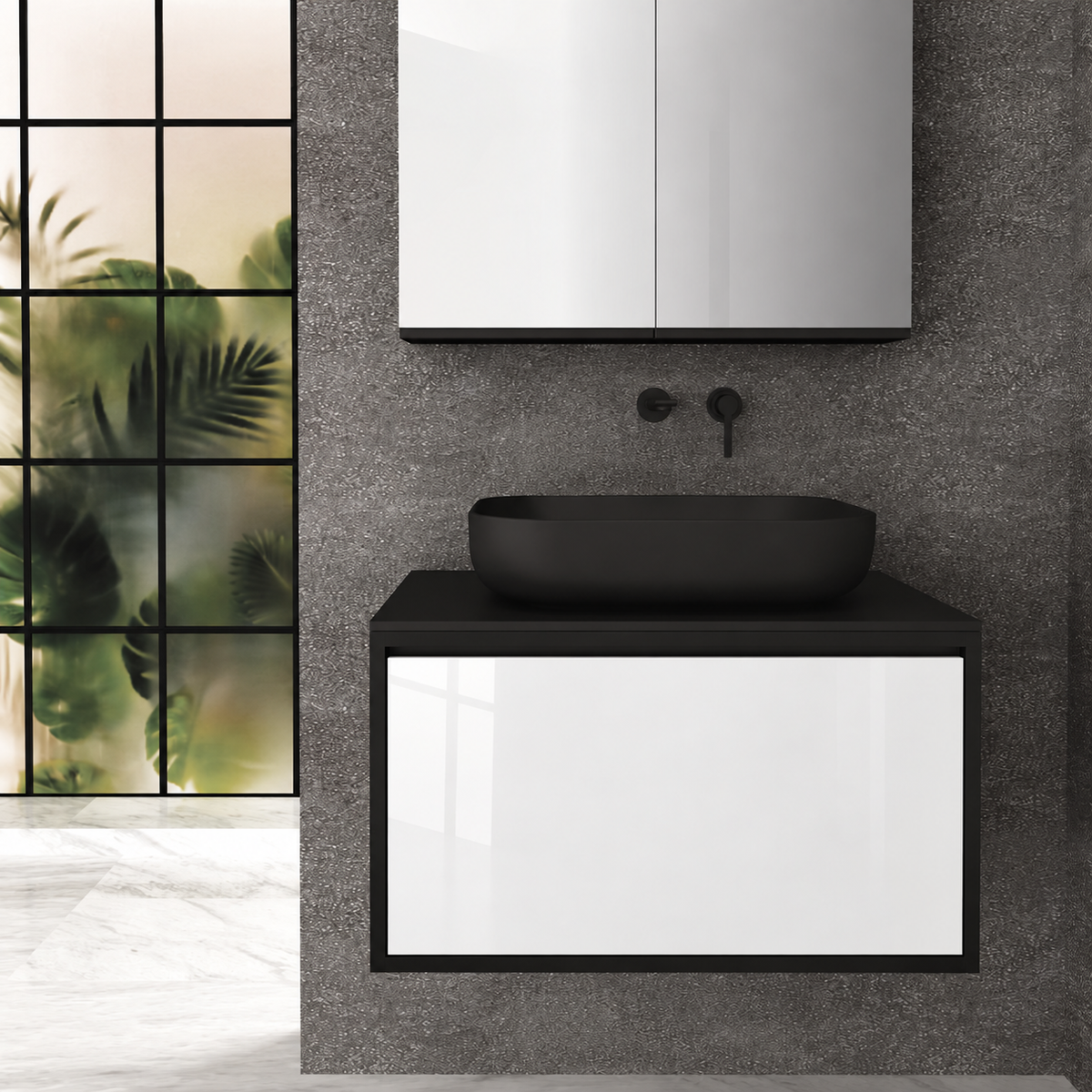 Orabella Drawer 80 Deep vanity — cabinet 6090, drawer 6010, black countertop