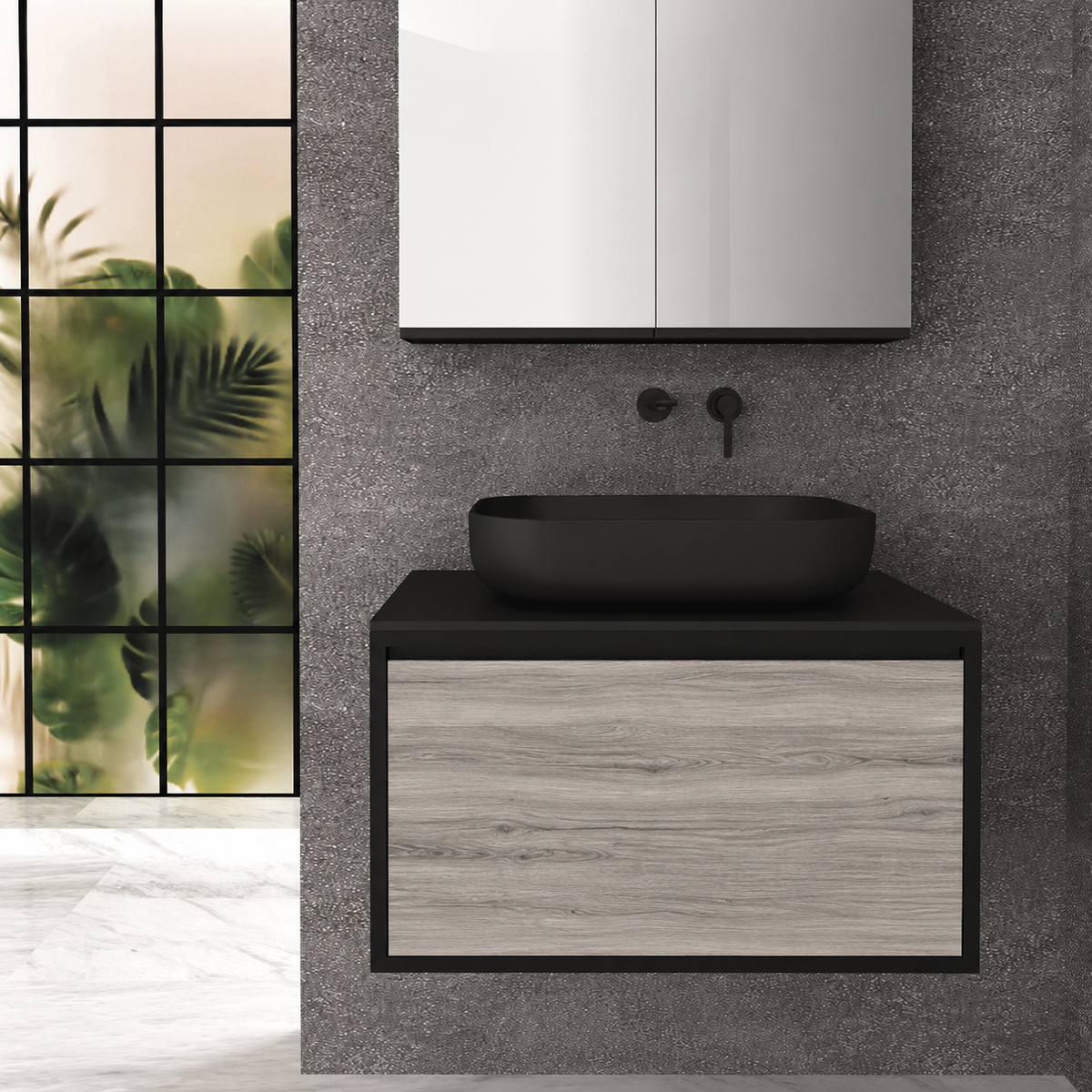 Orabella Drawer 80 Deep vanity — cabinet 6090, drawer 719, black countertop