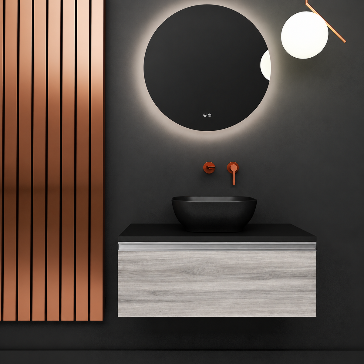 Regina vanity — finish 719, black countertop, Natural Aluminium Gola