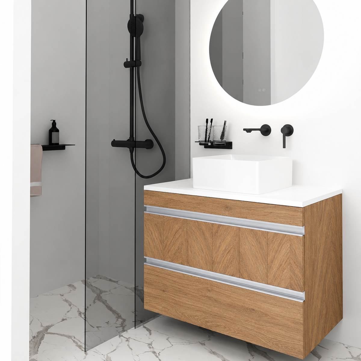 Vision vanity — finish 270, white countertop, Natural Aluminium Gola
