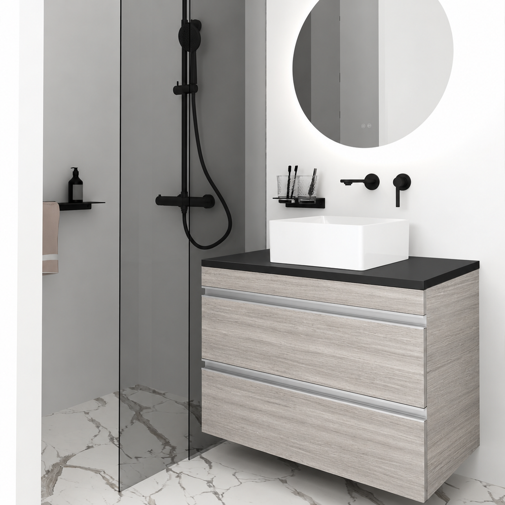 Vision vanity — finish 719, black countertop, Natural Aluminium Gola