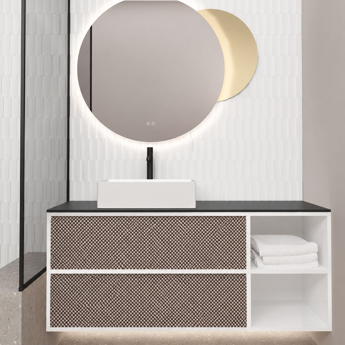 Orabella double drawer with shelf 6010 cabinet, 245 drawer, black countertop; pictured140cm