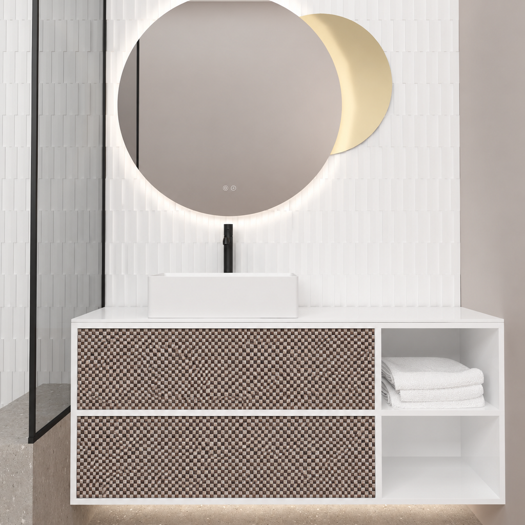 Orabella double drawer with shelf 6010 cabinet, 245 drawer, white countertop; pictured140cm
