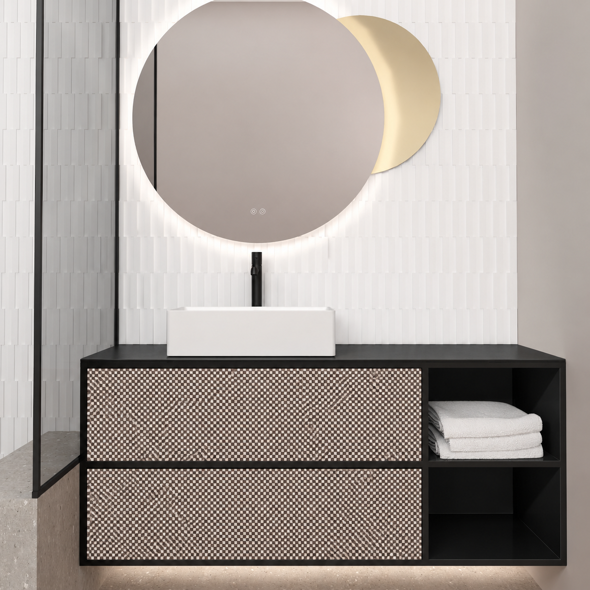 Orabella double drawer with shelf 6040 cabinet, 245 drawer, black countertop; pictured140cm