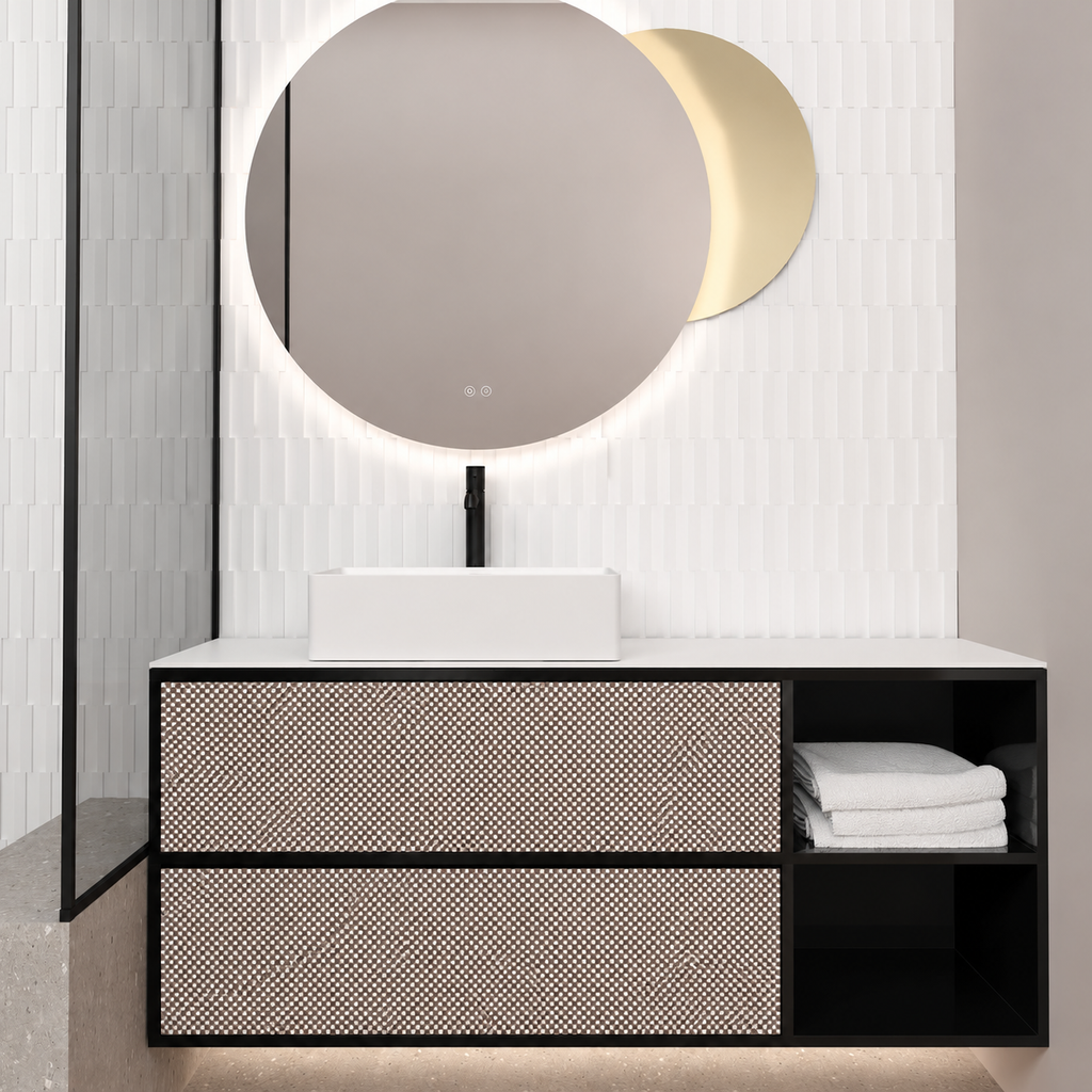 Orabella double drawer with shelf 6040 cabinet, 245 drawer, white countertop; pictured140cm