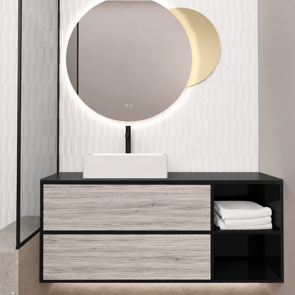 Orabella double drawer with shelf 6040 cabinet, 719 drawer, black countertop; pictured140cm