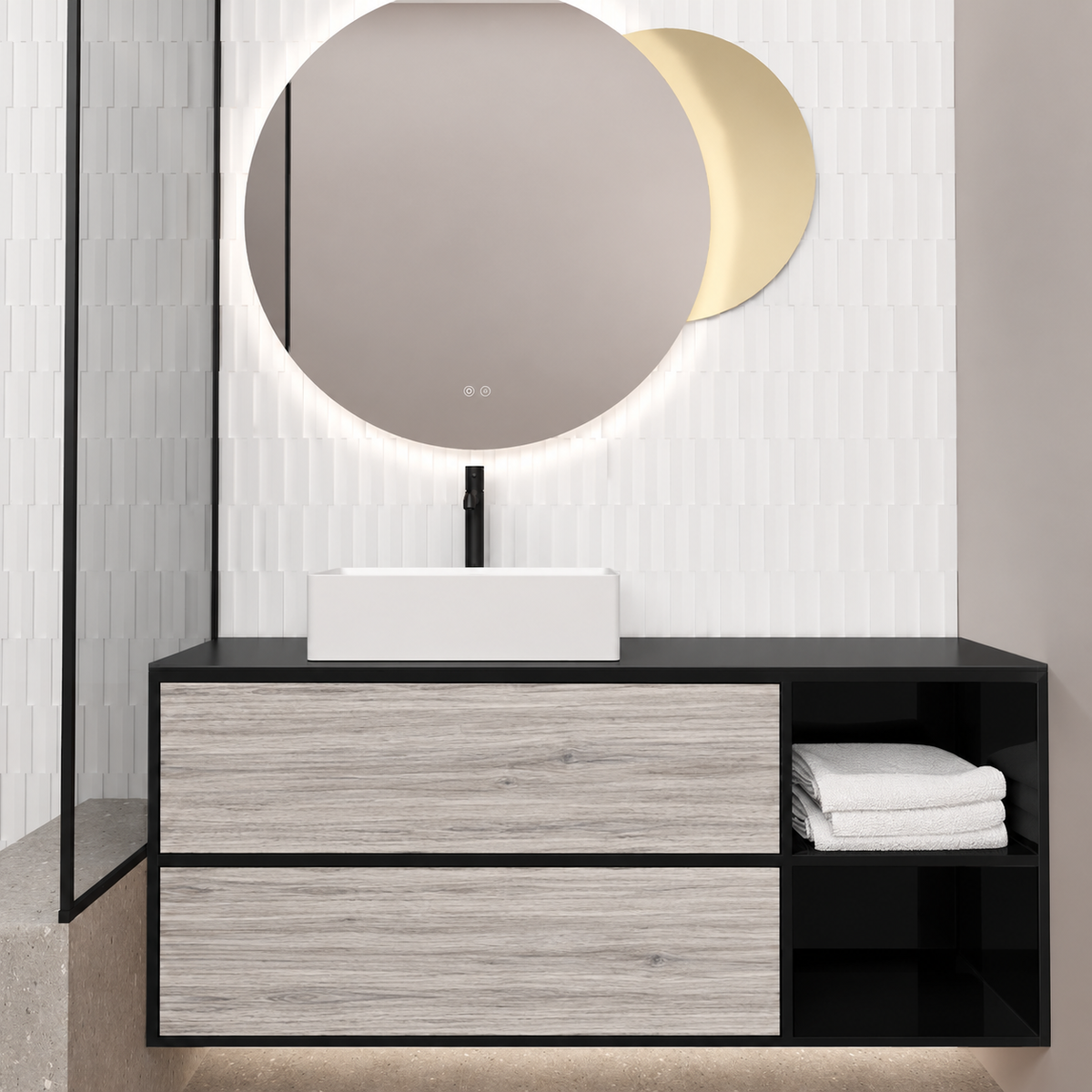 Orabella double drawer with shelf 6040 cabinet, 719 drawer, black countertop; pictured140cm