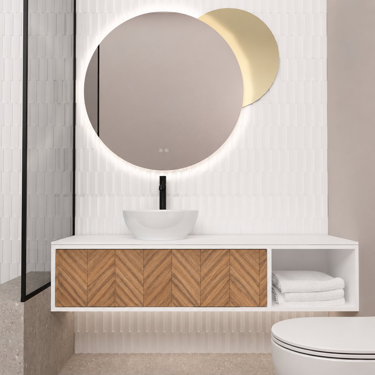 Orabella Drawer With Shelf vanity — cabinet 6080, drawer 270, white countertop