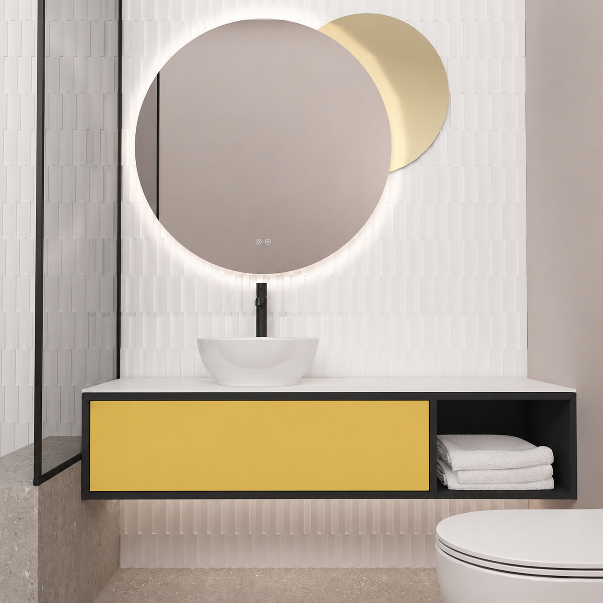Orabella Drawer With Shelf vanity — cabinet 6090, drawer 168, white countertop