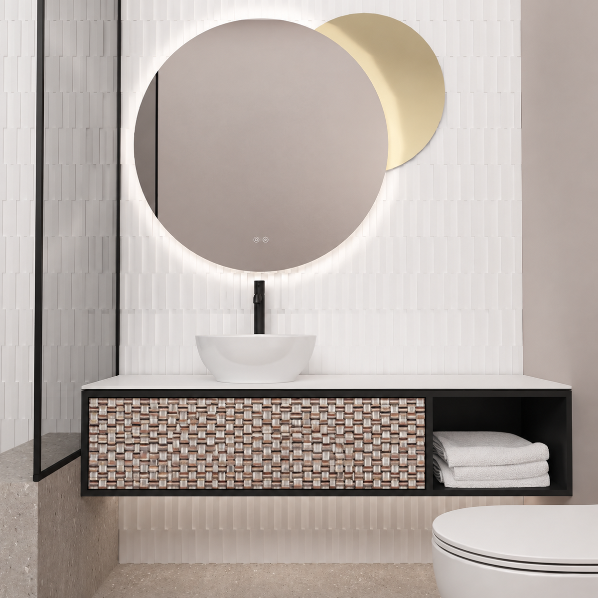 Orabella Drawer With Shelf vanity — cabinet 6090, drawer 245, white countertop