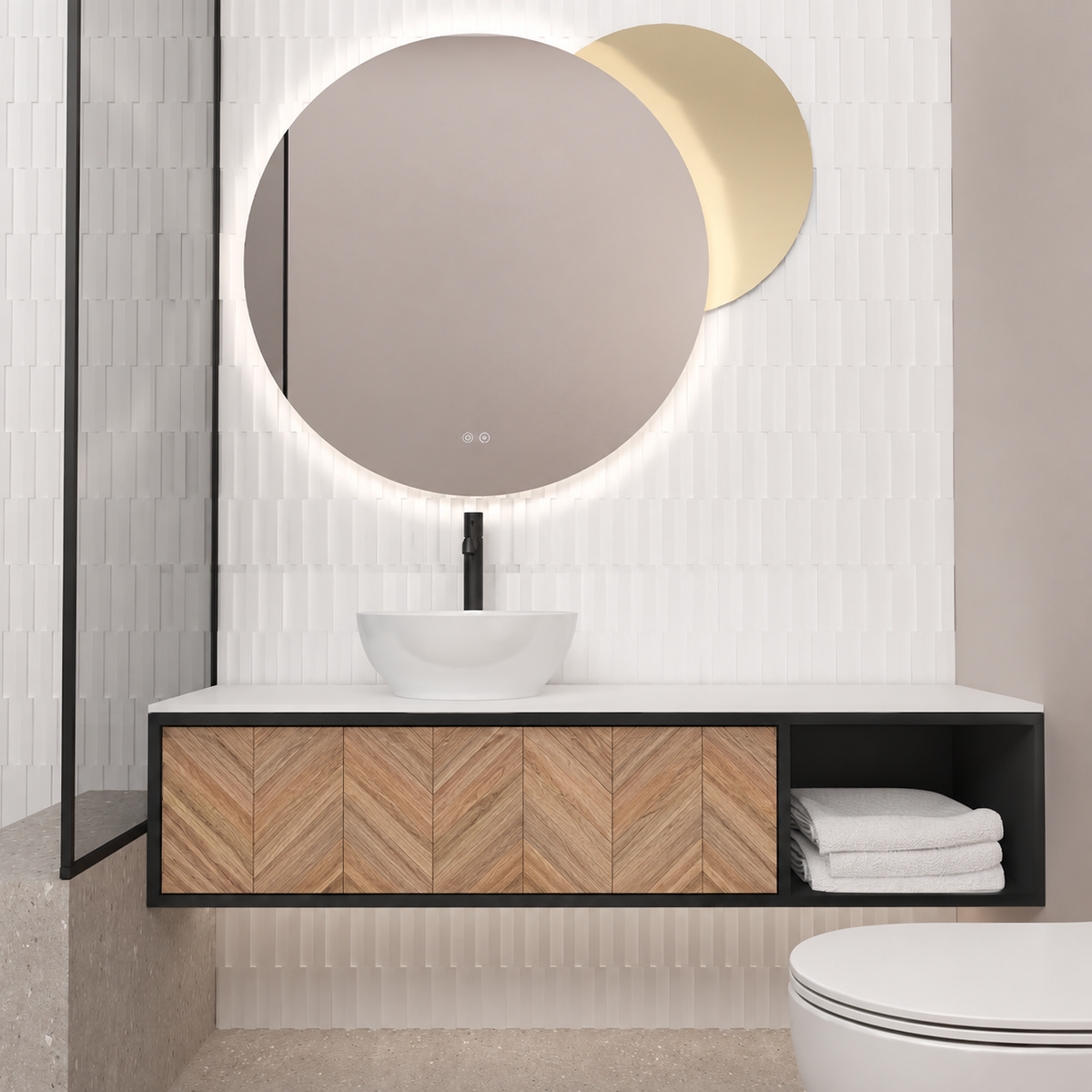 Orabella Drawer With Shelf vanity — cabinet 6090, drawer 270, white countertop
