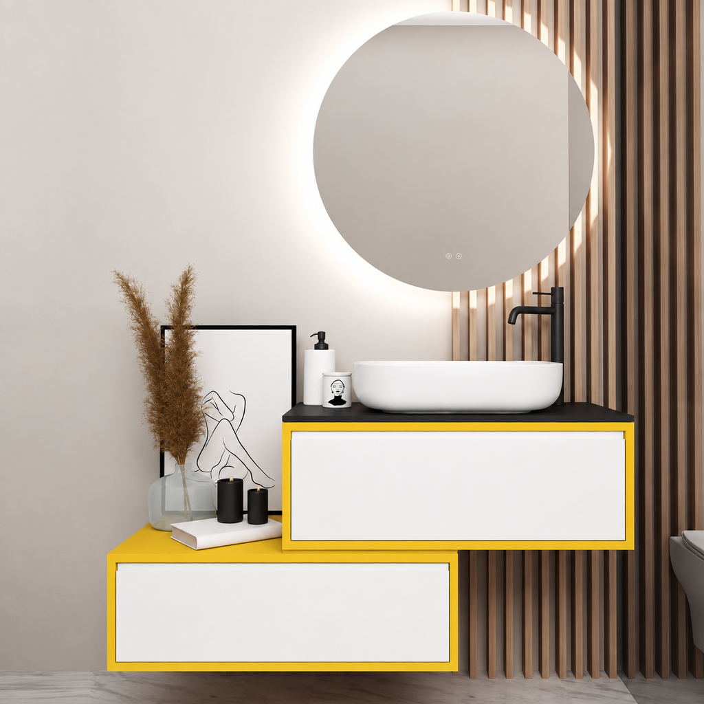 Asymmetrical vanity — yellow168 cabinet and lower shelf, white101 drawers, black upper countertop