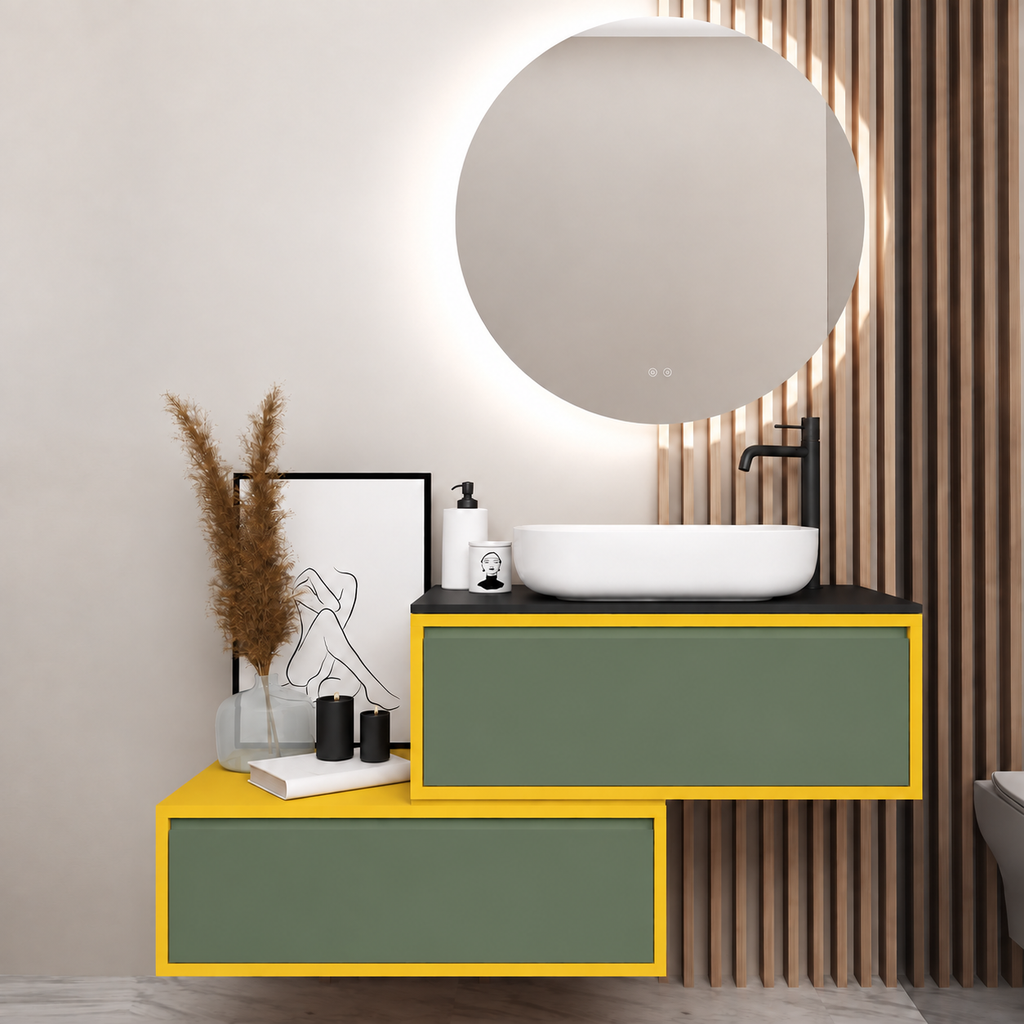 Asymmetrical vanity — cabinet168, drawer162, black upper countertop; yellow lower shelf