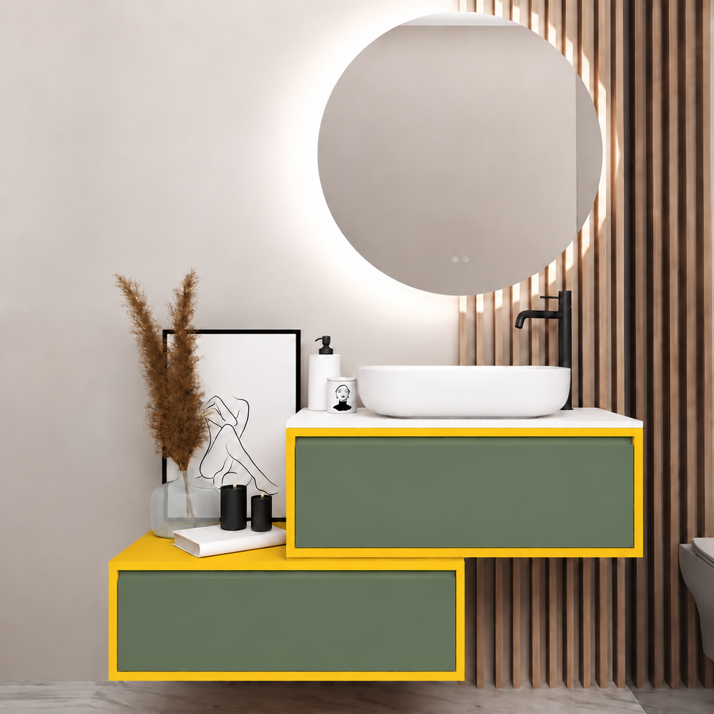 Asymmetrical vanity — cabinet168, drawer162, white upper countertop; yellow lower shelf