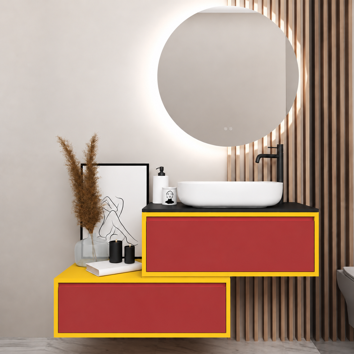 Asymmetrical vanity — cabinet168, drawer165, black upper countertop; yellow lower shelf