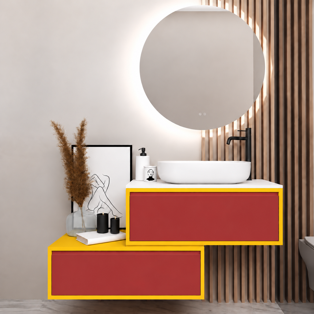 Asymmetrical vanity — cabinet168, drawer165, white upper countertop; yellow lower shelf