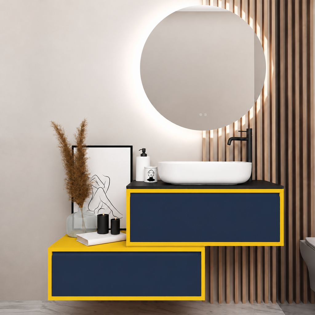 Asymmetrical vanity — cabinet168, drawer167, black upper countertop; yellow lower shelf