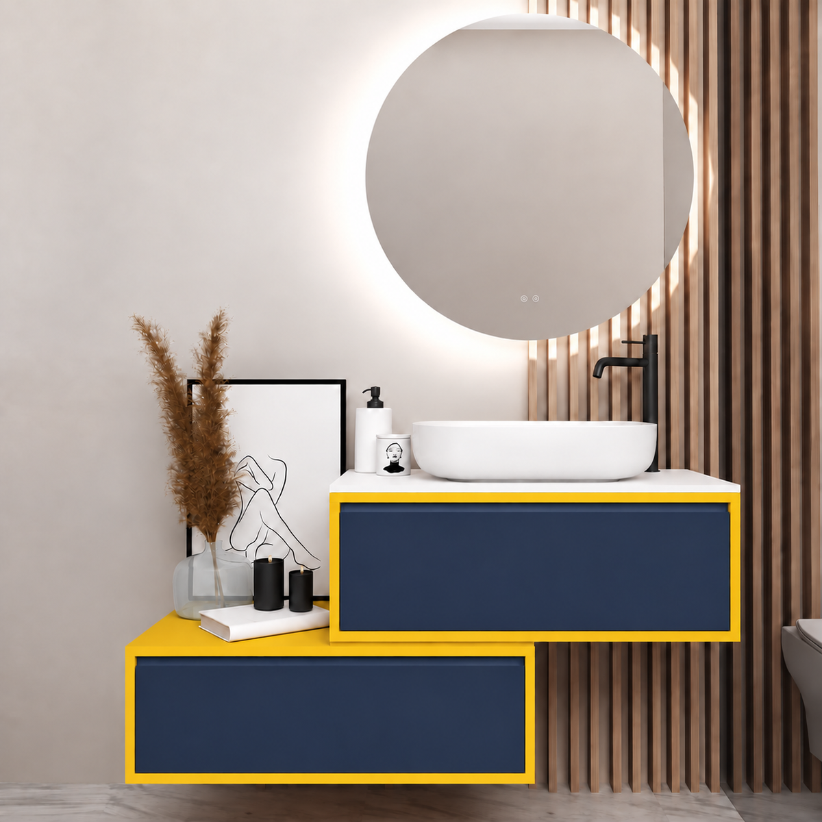 Asymmetrical vanity — cabinet168, drawer167, white upper countertop; yellow lower shelf
