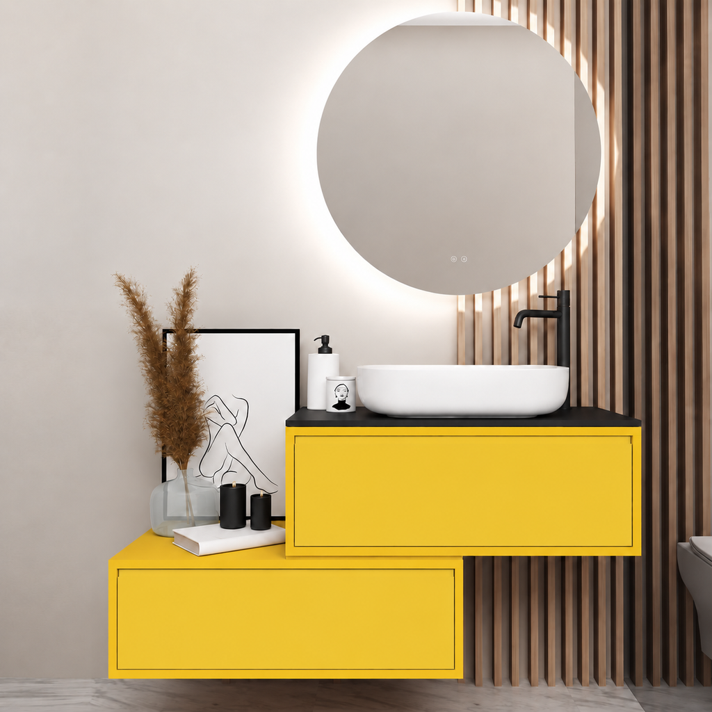 Asymmetrical vanity — cabinet168, drawer168, black upper countertop; yellow lower shelf