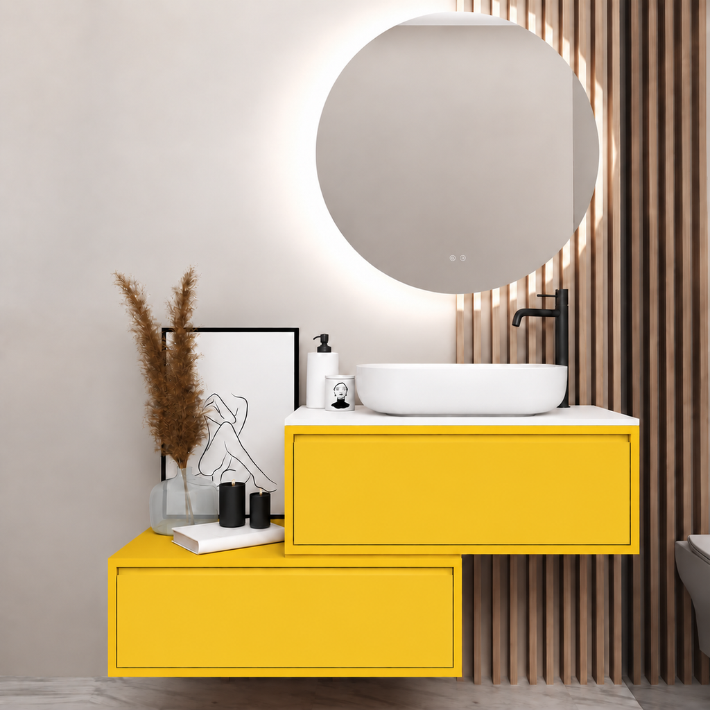 Asymmetrical vanity — cabinet168, drawer168, white upper countertop; yellow lower shelf