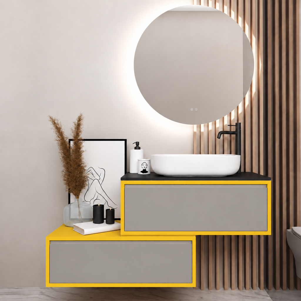 Asymmetrical vanity — cabinet168, drawer194, black upper countertop; yellow lower shelf