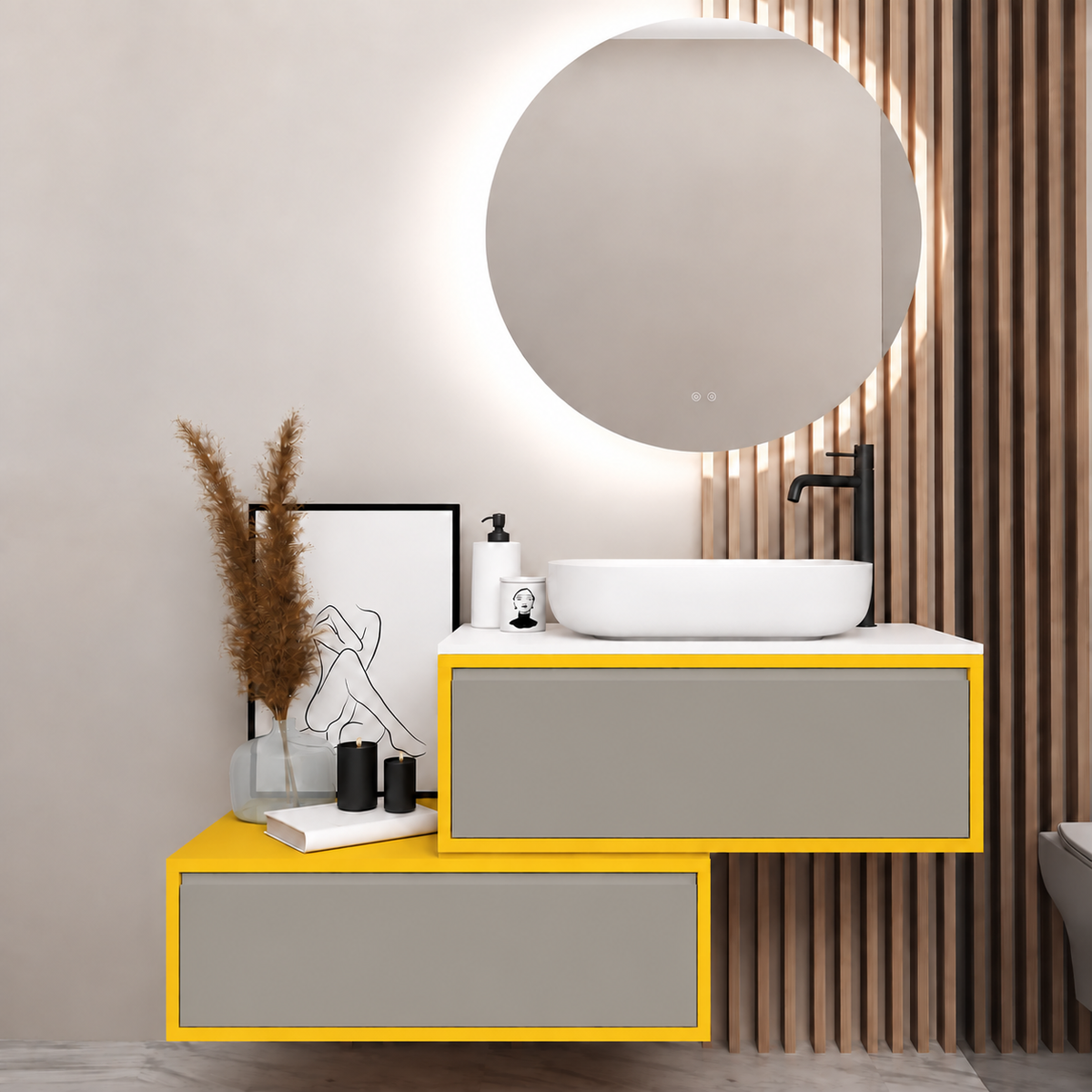 Asymmetrical vanity — cabinet168, drawer194, white upper countertop; yellow lower shelf