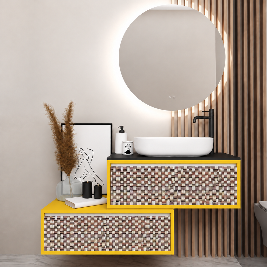 Asymmetrical vanity — cabinet168, drawer245, black upper countertop; yellow lower shelf