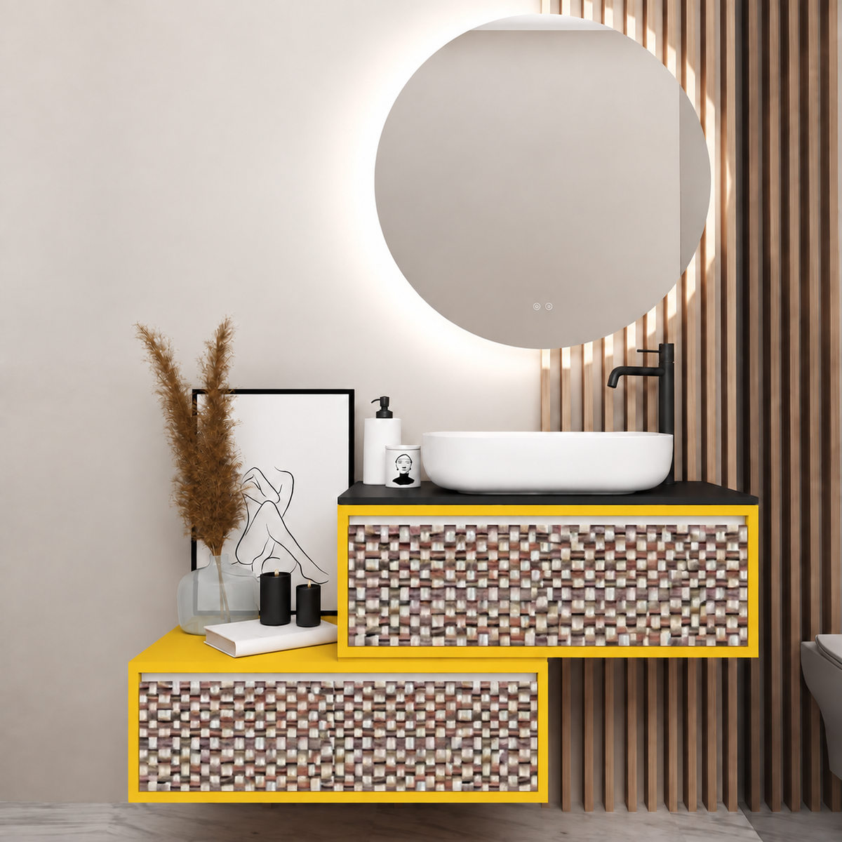 Asymmetrical vanity — cabinet168, drawer245, black upper countertop; yellow lower shelf