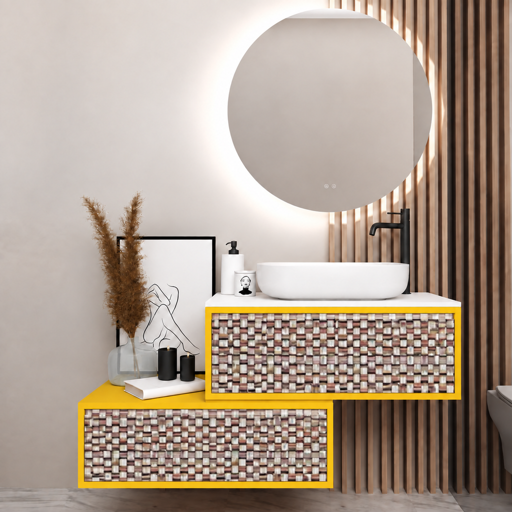 Asymmetrical vanity — cabinet168, drawer245, white upper countertop; yellow lower shelf