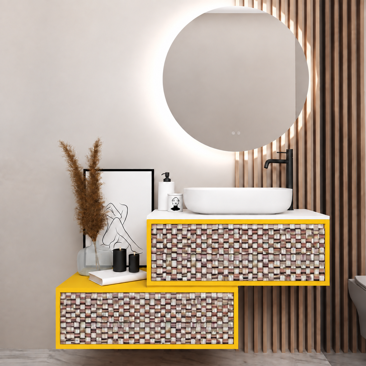 Asymmetrical vanity — cabinet168, drawer245, white upper countertop; yellow lower shelf
