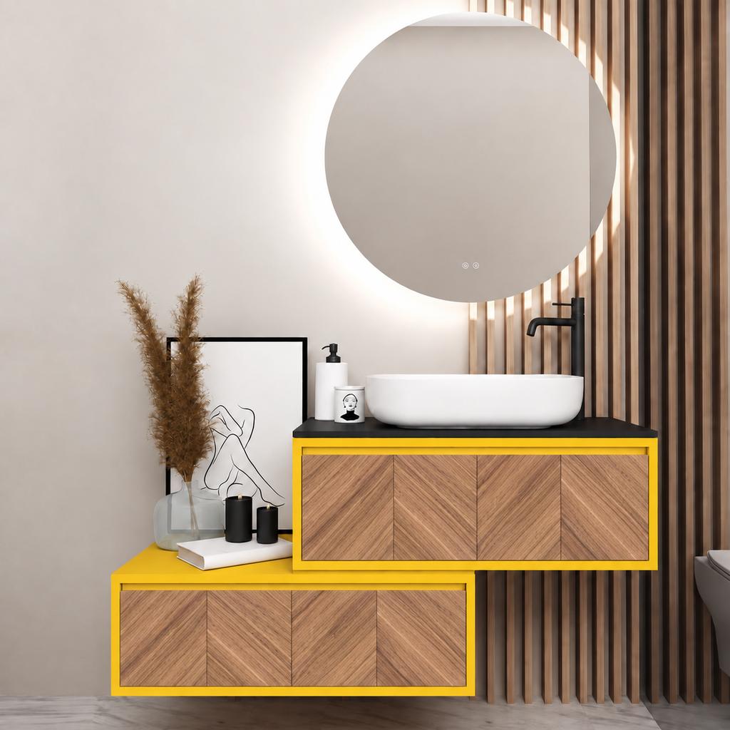 Asymmetrical vanity — cabinet168, drawer270, black upper countertop; yellow lower shelf